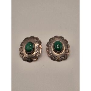 SJ .925 Sterling Silver Malachite Concho Stud Earrings Southwestern‎ Stamped